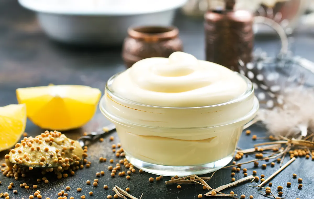 Un pot de mayonnaise posé sur une table à côté d'un peu de citron